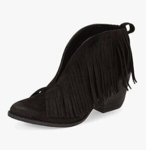 YDN Black Western Ankle High Boots with Tassels Round Toe Block Heel Suede Shoes